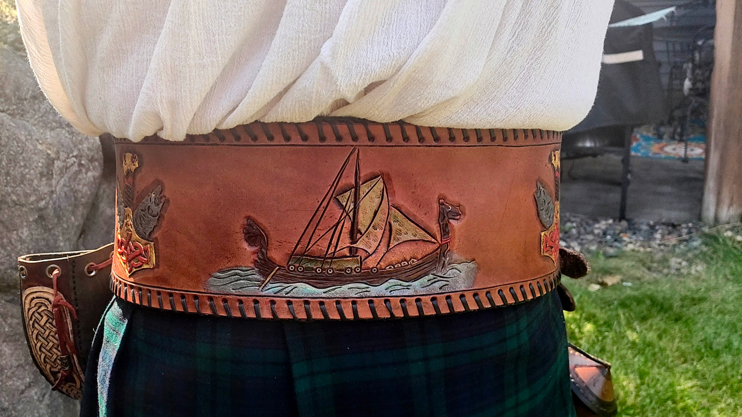 Renaissance Faire Warrior Belt with Hand-Tooled and Hand-Painted Design