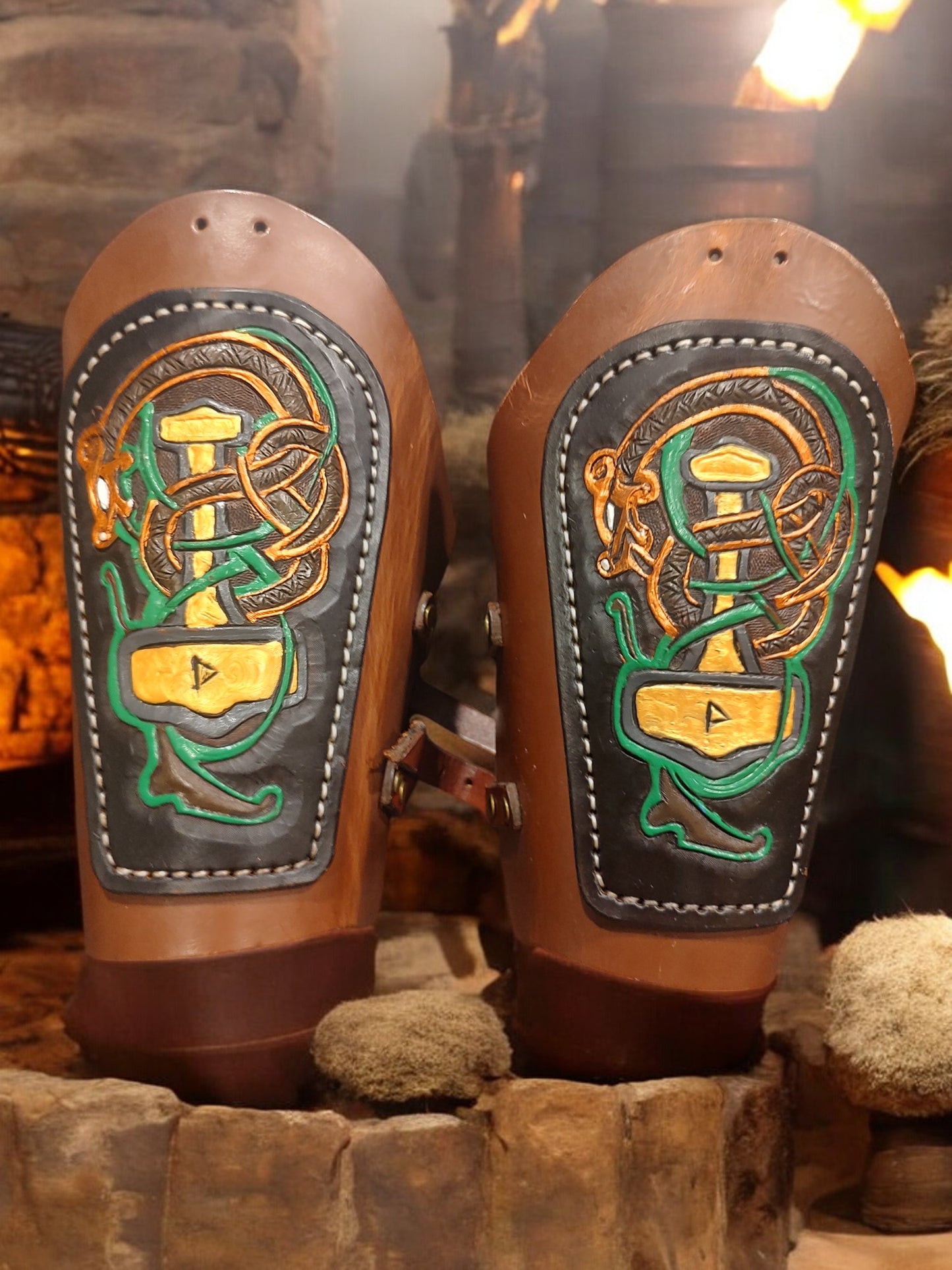 SCA Leather Gauntlets with Hand-Tooled and Hand-Painted Design