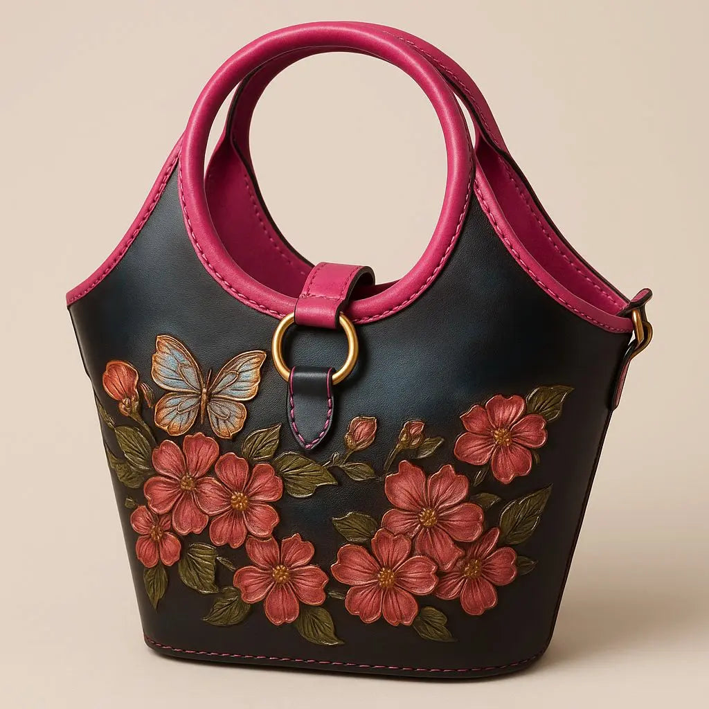 Bucket Style Purse with Hand Tooled Floral Design