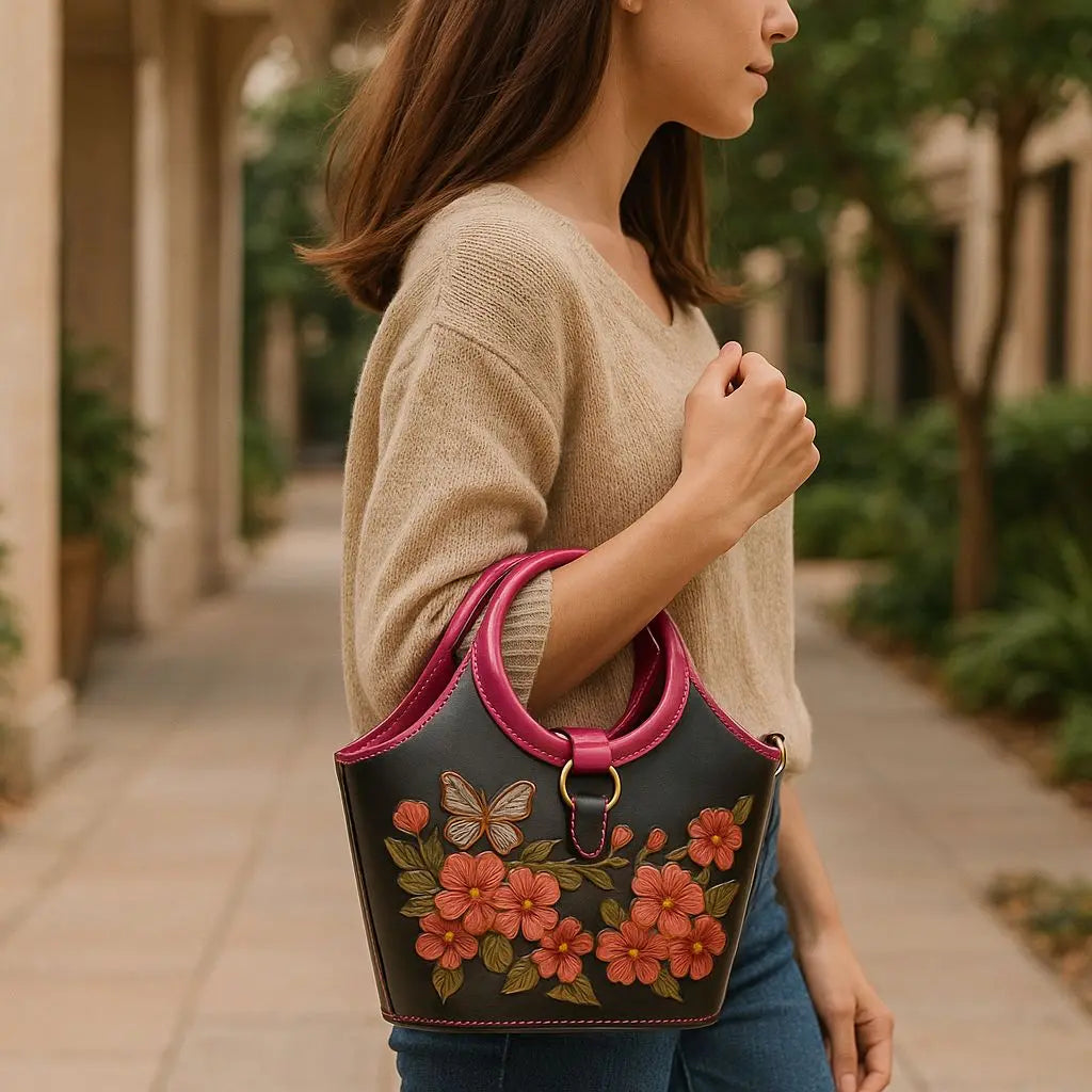 Bucket Style Purse with Hand Tooled Floral Design