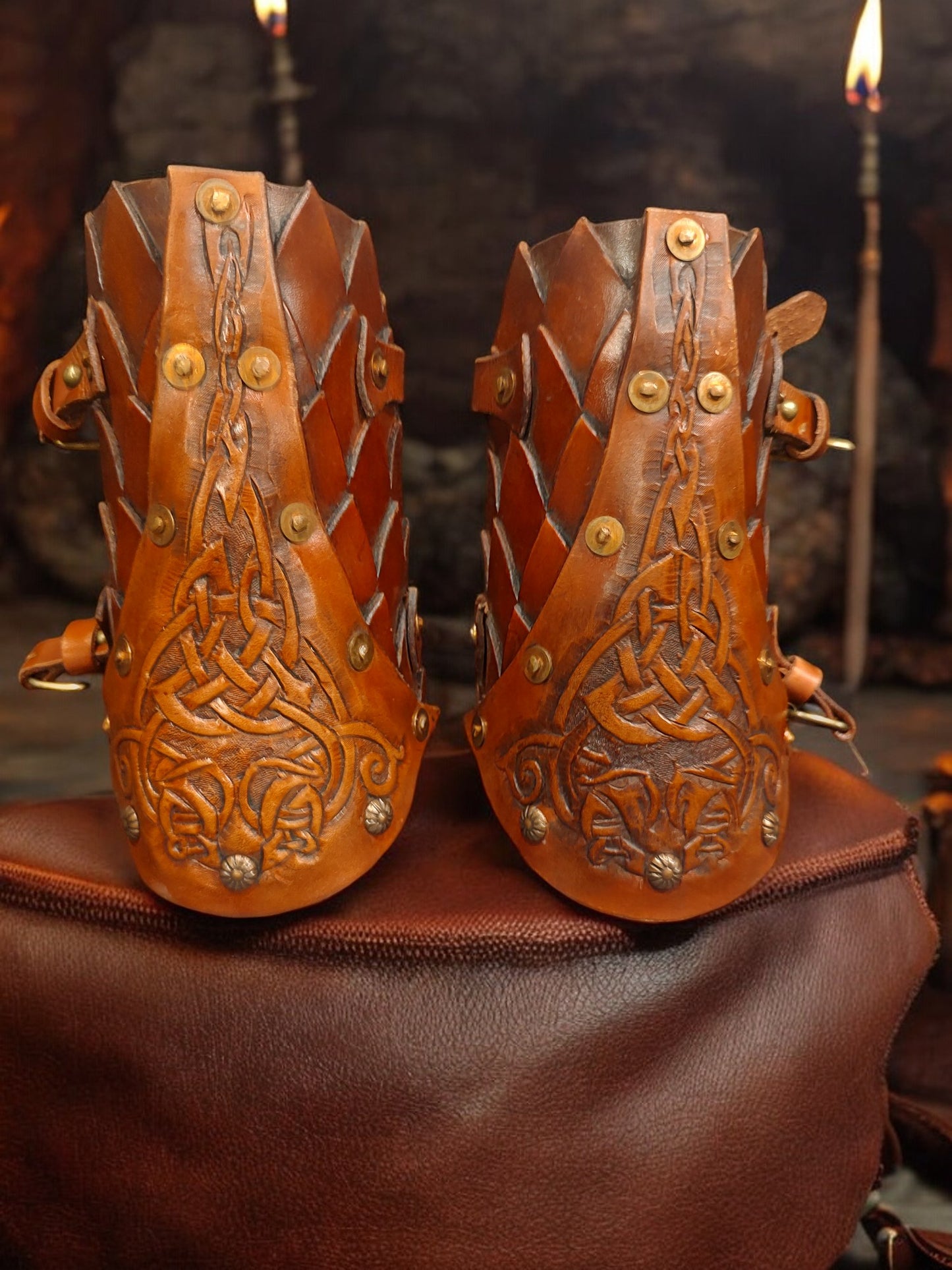 Leather Gauntlets with Hand-Tooled and Hand-Painted Design