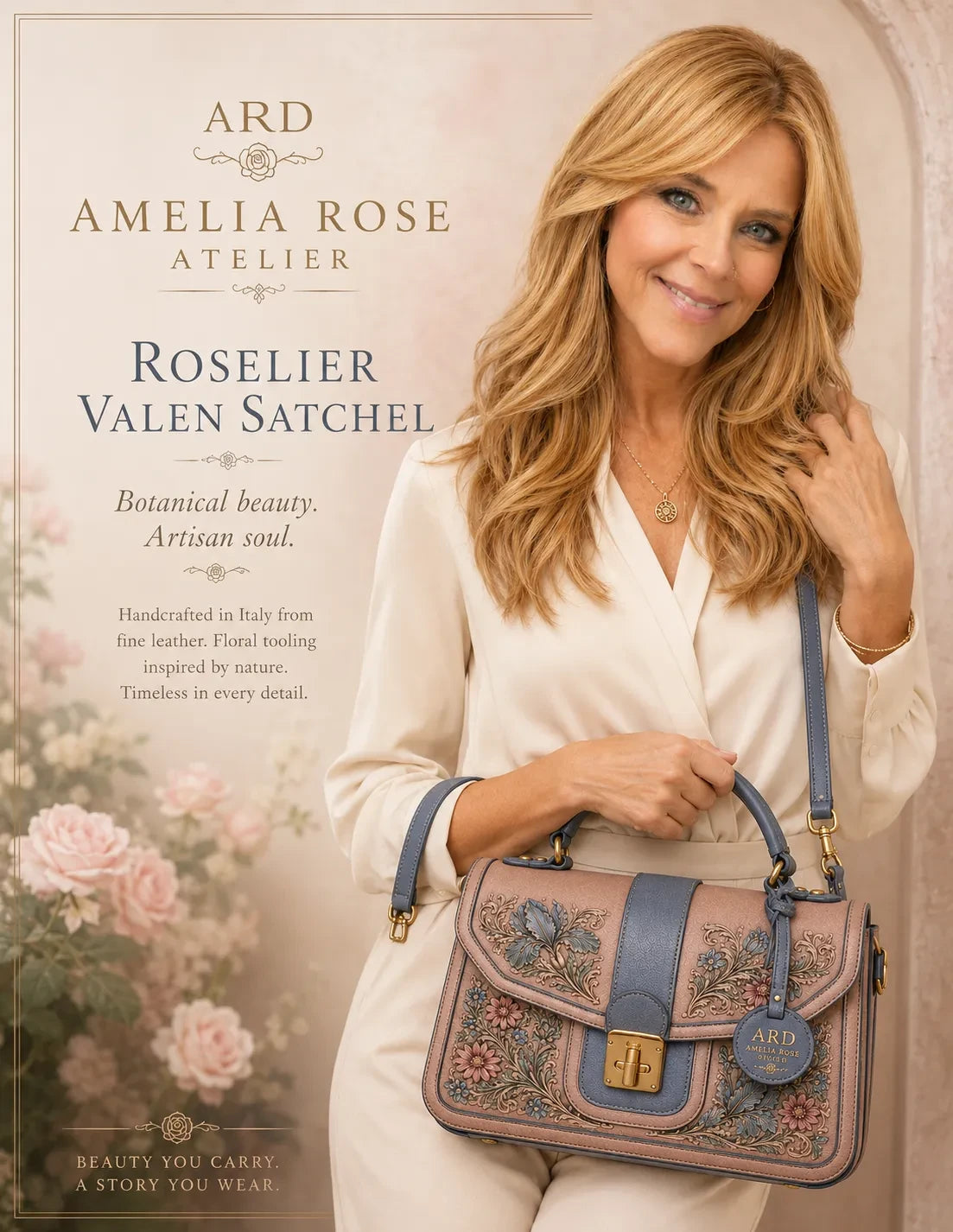 Amelia Rose Designs Roselier Valen satchel in slate-blue and floral-tooled leather held by a woman in a cream blouse.