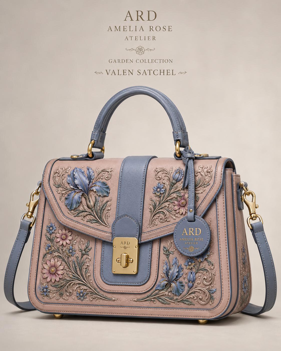 Amelia Rose Designs Roselier Valen satchel in slate-blue and blush leather with intricate floral tooling and gold hardware
