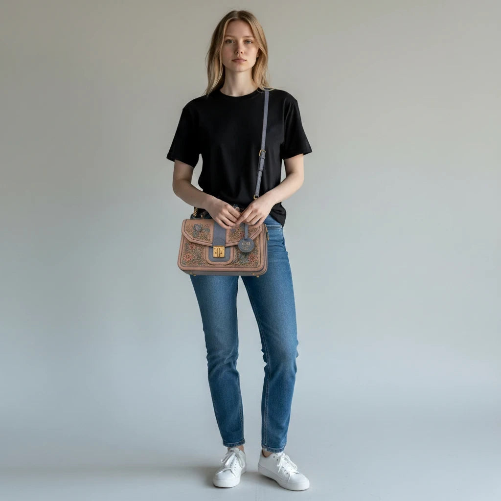Model wearing a black t-shirt and jeans holding an Amelia Rose Designs Roselier Valen floral leather satchel handbag