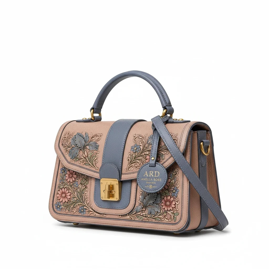 Amelia Rose Designs Roselier Valen satchel in pink and slate-blue leather with intricate floral tooling and gold hardware