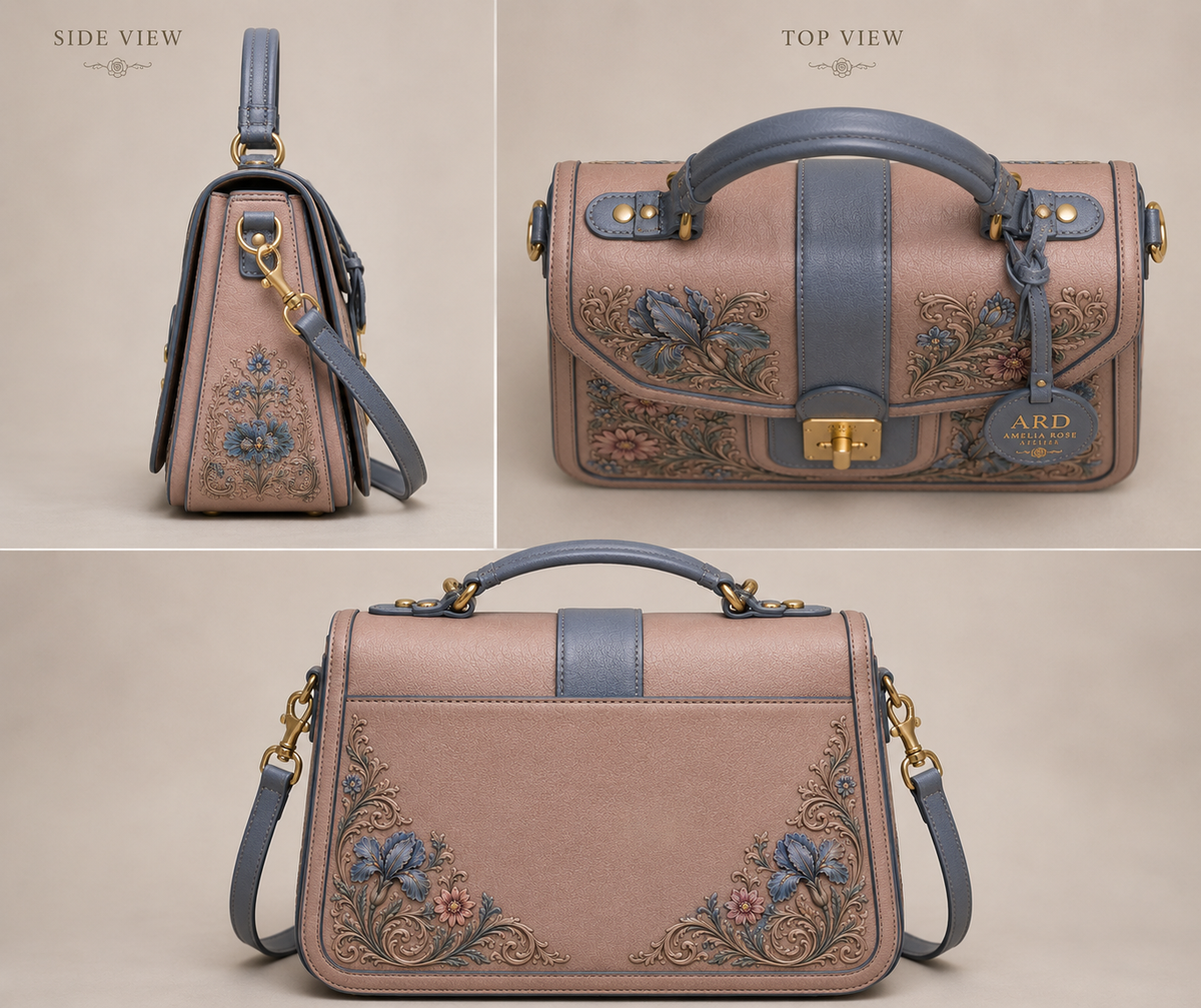 Amelia Rose Designs Roselier Valen satchel in slate-blue and dusty rose leather with intricate floral tooling.