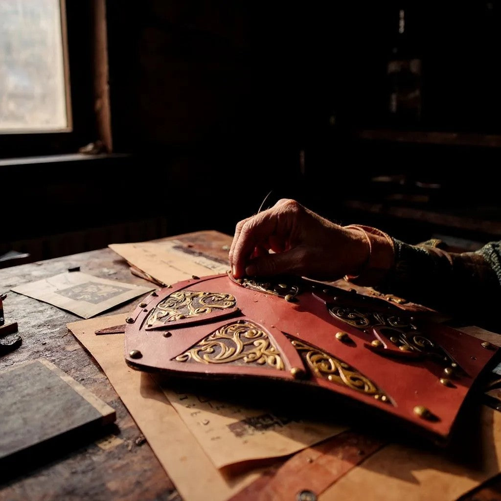 Amelia Rose Designs handcrafted leather chest armor with intricate Norse-inspired brass detailing on a workshop table.