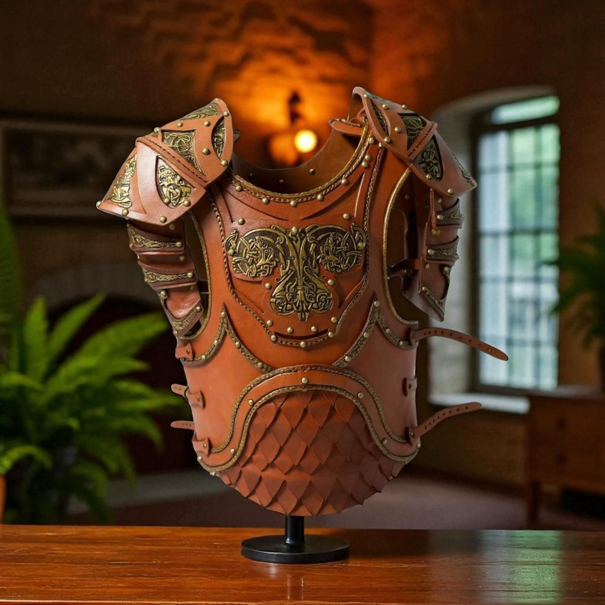 Amelia Rose Designs handcrafted leather chest armor with Norse-inspired brass detailing and scale design on a stand.