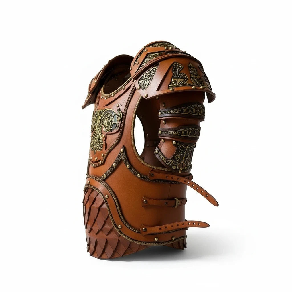 Amelia Rose Designs handcrafted brown leather chest armor with Norse-inspired brass detailing and scale plating.