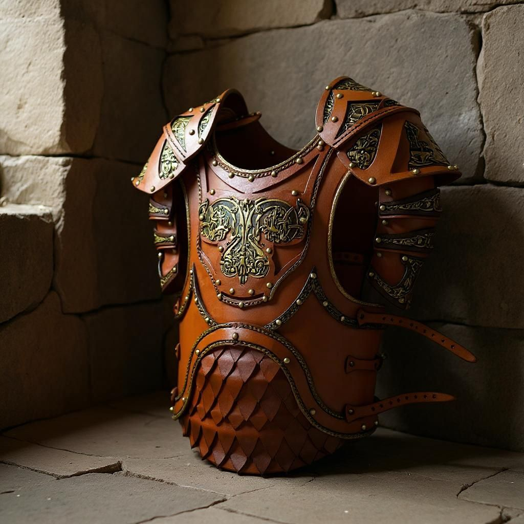 Amelia Rose Designs handcrafted brown leather chest armor with Norse-inspired brass detailing and scale base.
