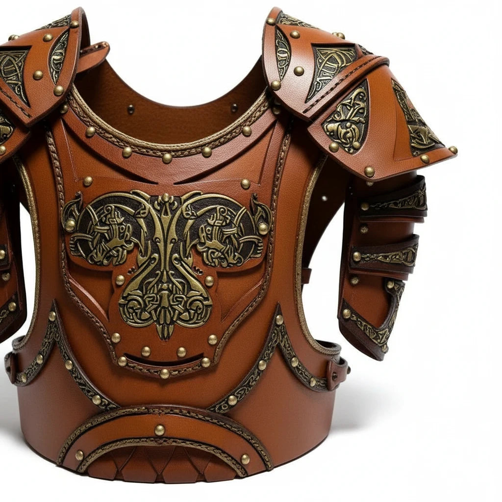 Amelia Rose Designs handcrafted brown leather chest armor with intricate Norse-inspired brass detailing and rivets.