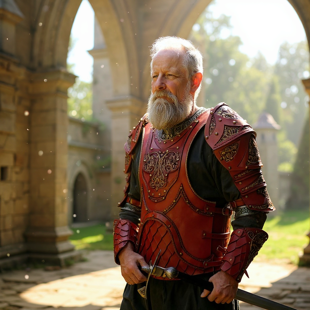 Amelia Rose Designs handcrafted red leather chest armor with Norse-inspired brass detailing worn by an older warrior.