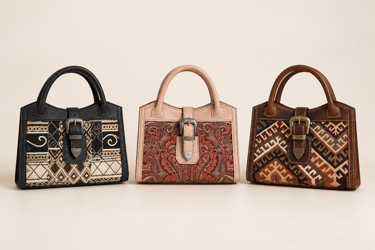 Three patterned Designer Collection handbags in black, rose, and brown on an ivory background
