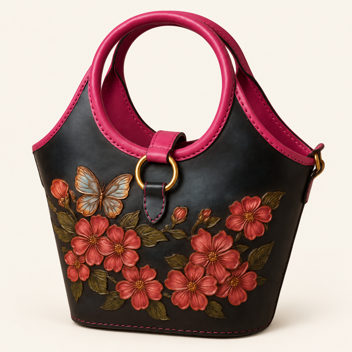 Floral Tooled Bucket Bag on a warm ivory studio background