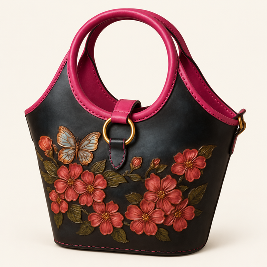 Floral Tooled Bucket Bag on a warm ivory studio background