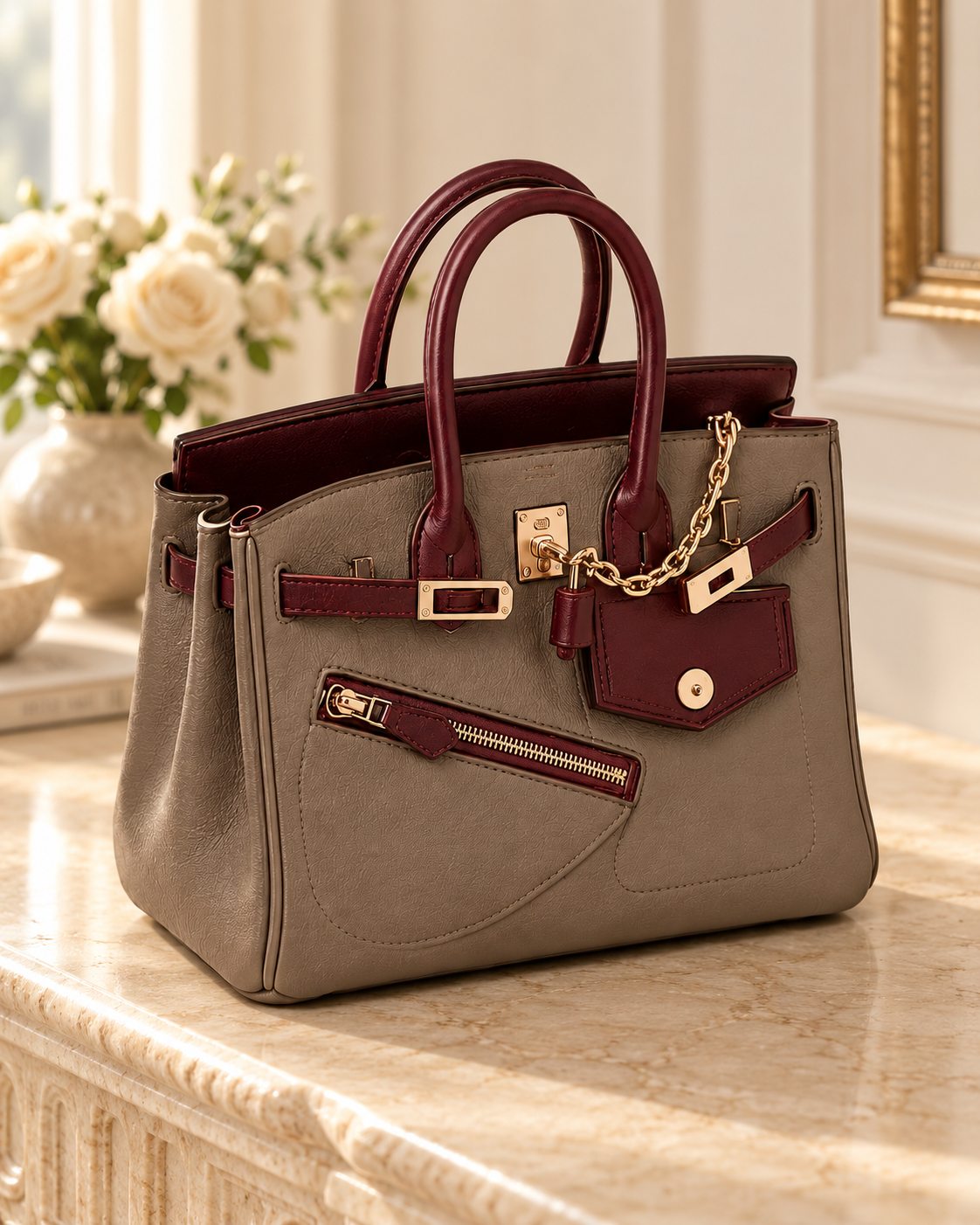 Roselier Marceau taupe and burgundy satchel with gold-tone details on an ivory stone console beside cream roses