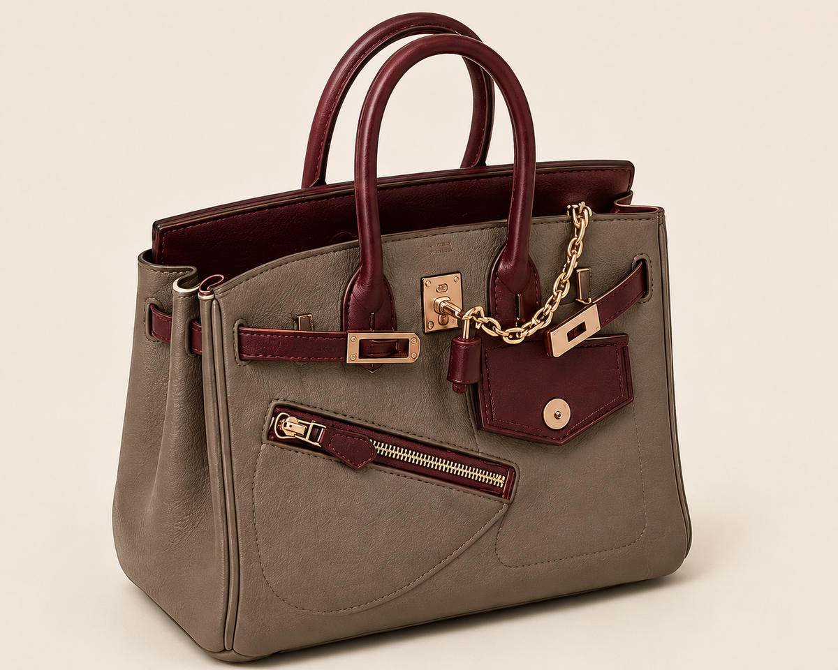 Roselier Marceau satchel handbag in taupe with burgundy handles and trim, gold-tone hardware, and an angled front zipper