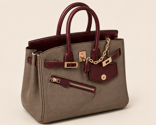 Roselier Marceau satchel handbag in taupe with burgundy handles and trim, gold-tone hardware, and an angled front zipper