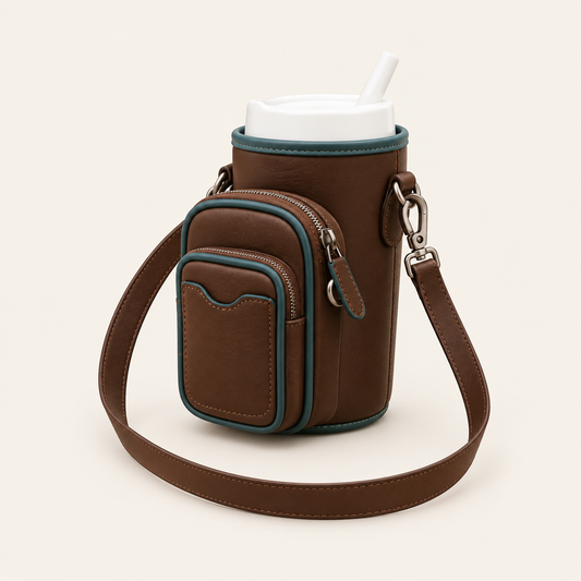 Stanley Cup Wrap with Removable Crossbody Bag on a warm ivory studio background