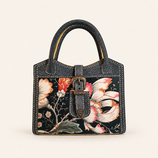 Velvet Floral Inlay Handbag on a warm ivory studio background